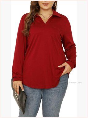 Plus Size Long Sleeve Collared V Neck Tunic Blouse Business Casual Work Top